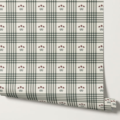 Zoe Marigolds Tartan Plaid Check Forest Cream Wallpaper