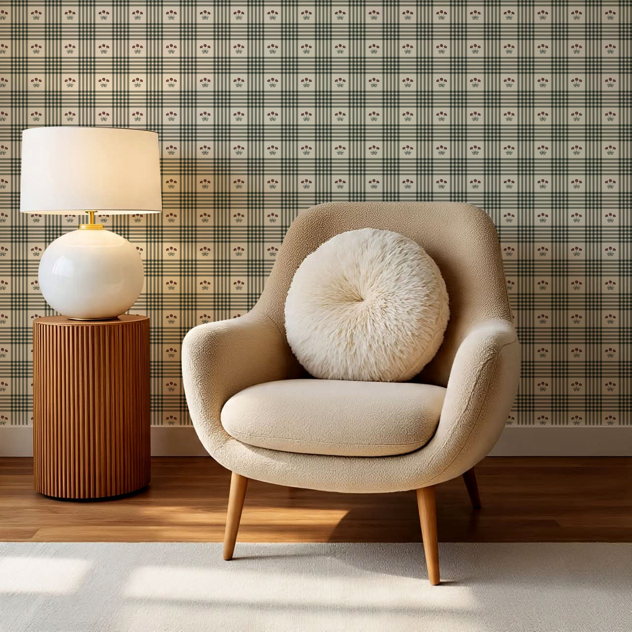 Zoe Marigolds Tartan Plaid Check Forest Cream Wallpaper
