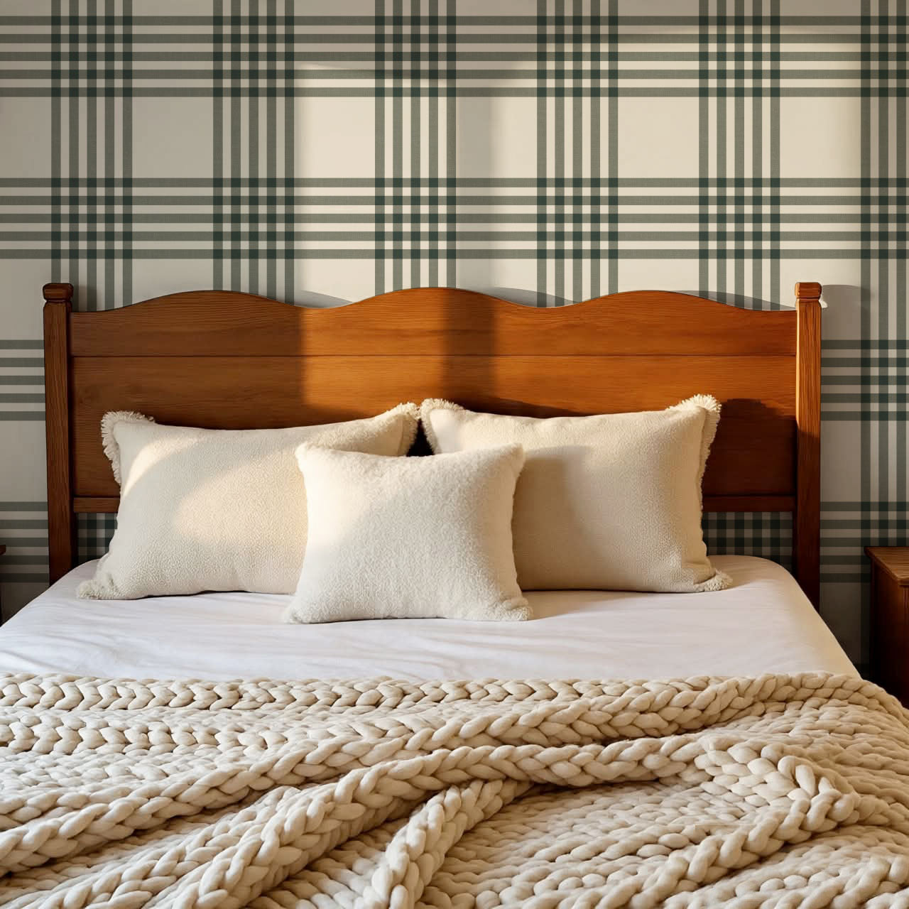 Zoe Tartan Plaid Check Forest Cream Wallpaper