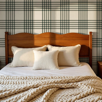 Zoe Tartan Plaid Check Forest Cream Wallpaper