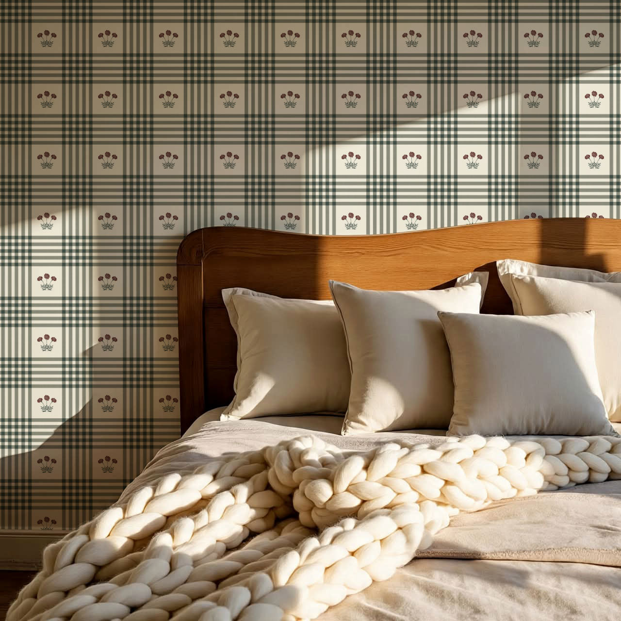 Zoe Marigolds Tartan Plaid Check Forest Cream Wallpaper
