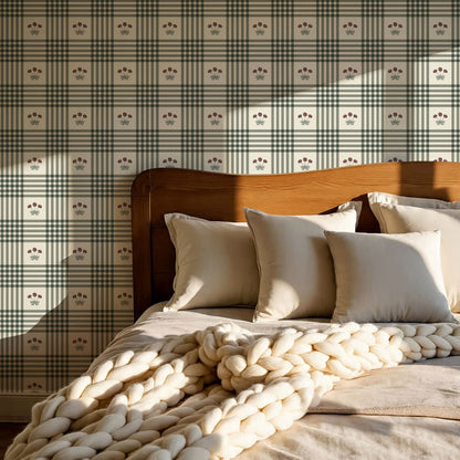 Zoe Marigolds Tartan Plaid Check Forest Cream Wallpaper