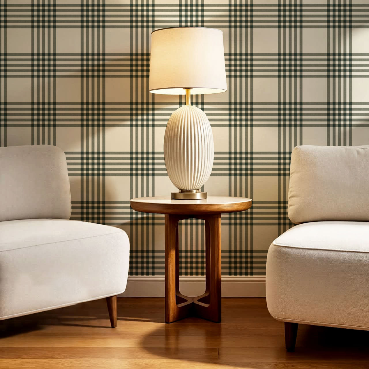 Zoe Tartan Plaid Check Forest Cream Wallpaper